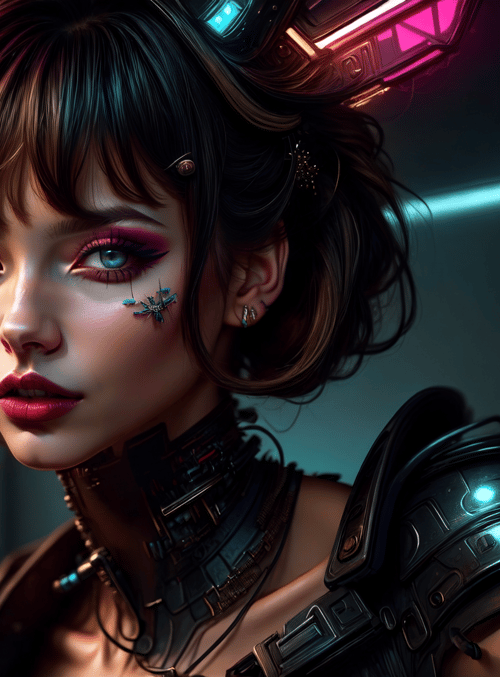 cyborg, woman, neon, armor, futurism