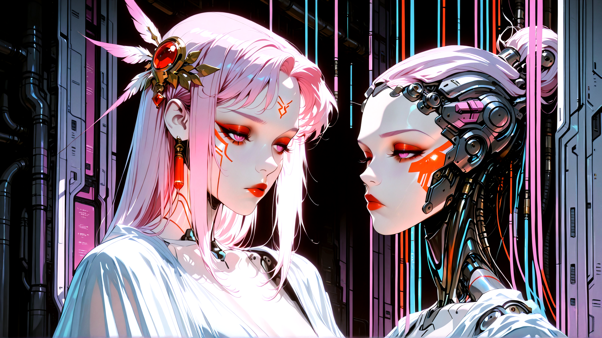 AI generated wallpaper featuring cyborg, human, futuristic, anime, character, female