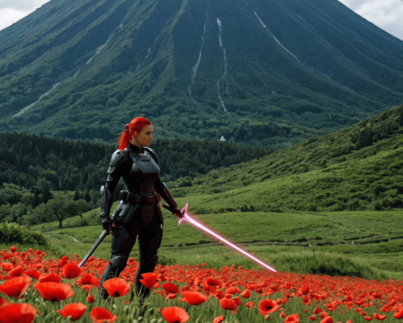AI generated wallpaper featuring woman, sword, poppy
