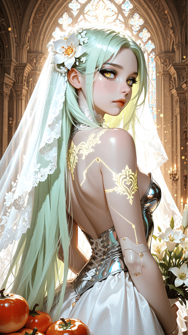 AI generated wallpaper featuring bride, cathedral, lilies, tomatoes, veil, golden patterns, corset, flowers, gloves, long hair