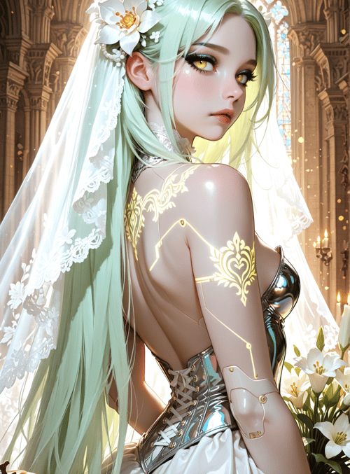 bride, cathedral, lilies, tomatoes, veil, golden patterns, corset, flowers, gloves, long hair