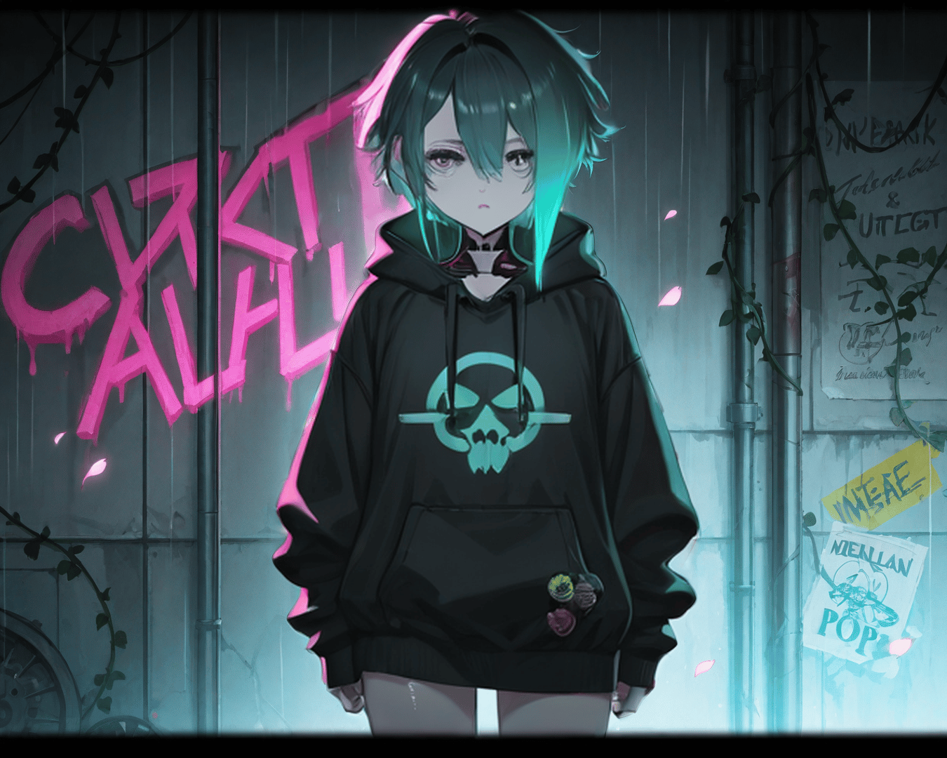 AI generated wallpaper featuring girl, hoodie, graffiti