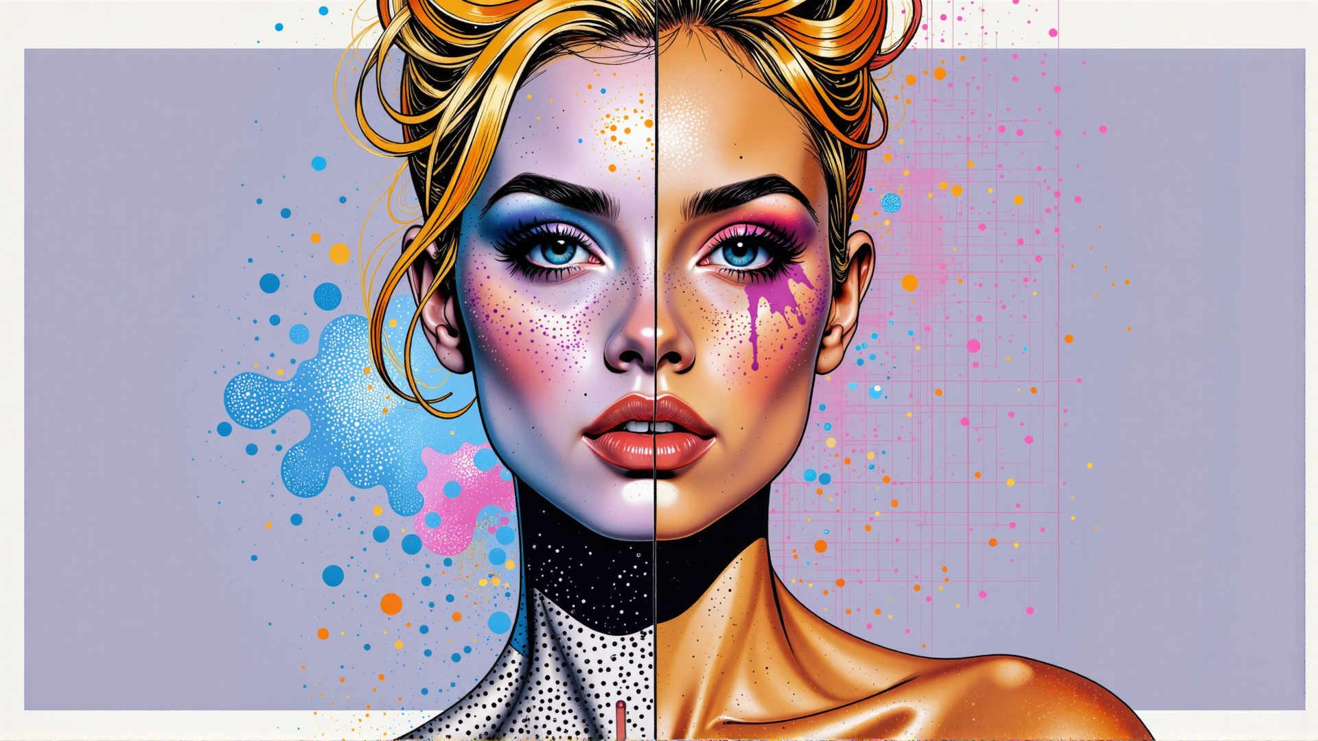 AI generated wallpaper featuring woman, face, hair, neck, shoulder