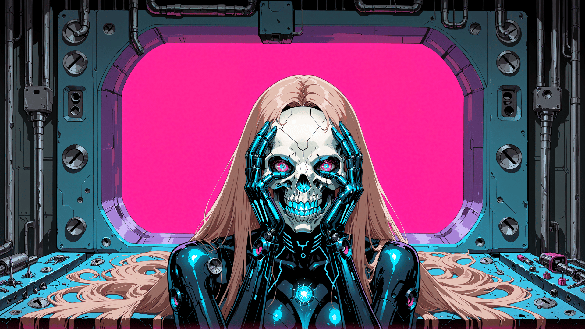 AI generated wallpaper featuring cyborg, skull, robot, long hair, mechanical hands, neon, gloved hands, futuristic, robotic, skeleton