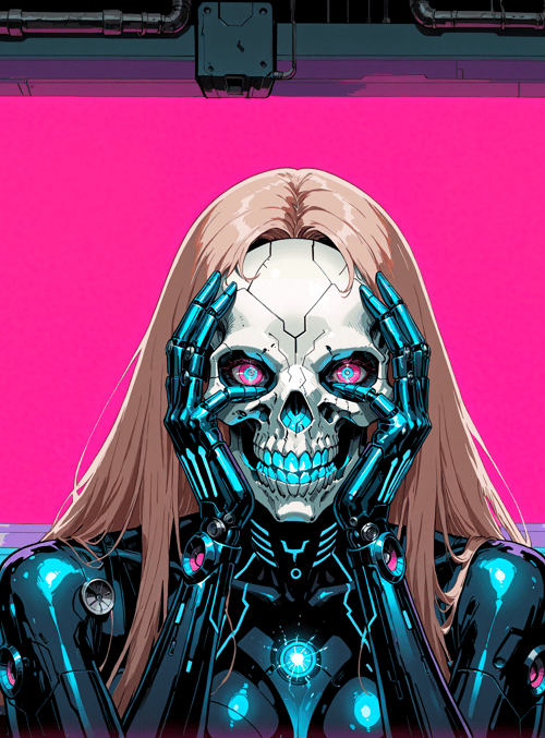 cyborg, skull, robot, long hair, mechanical hands, neon, gloved hands, futuristic, robotic, skeleton