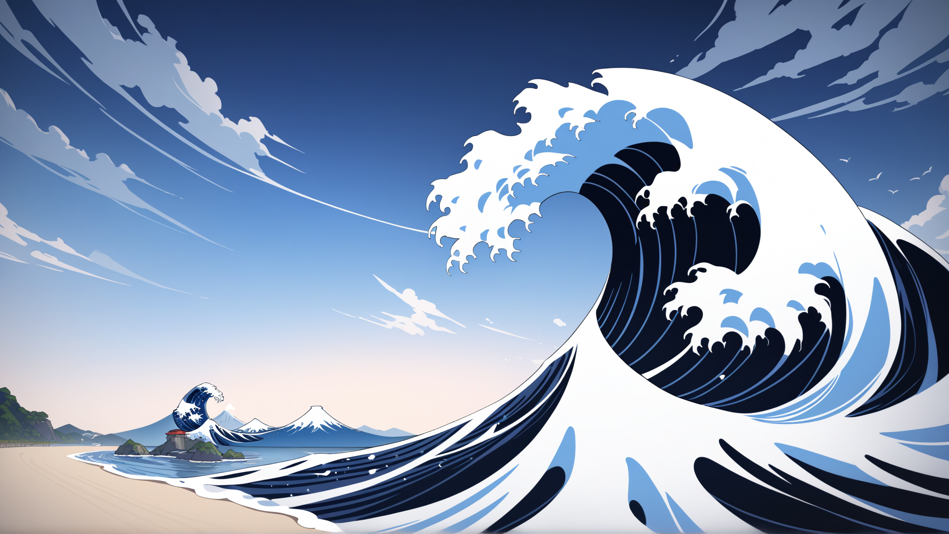 AI generated wallpaper featuring wave, mountain, beach