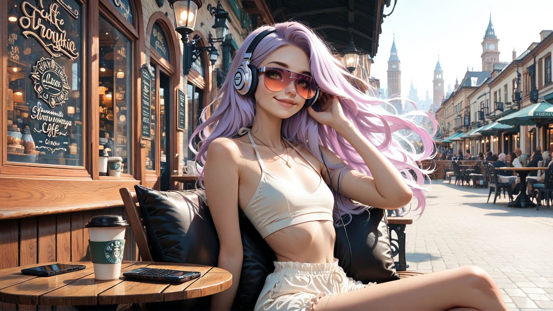 AI generated wallpaper featuring woman, coffee shop, headphones, sunglasses, street, cafe, clock tower, street lamps, phone, cup