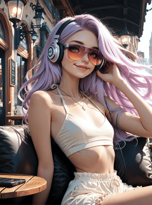 woman, coffee shop, headphones, sunglasses, street, cafe, clock tower, street lamps, phone, cup