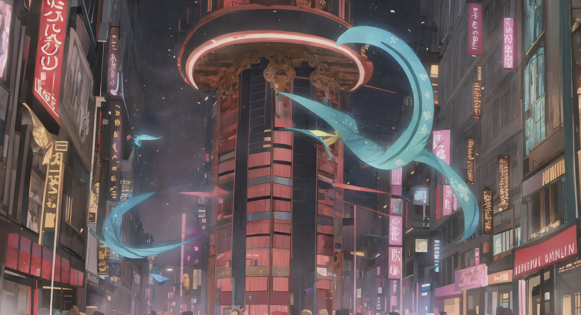 AI generated wallpaper featuring city, neon signs, silk