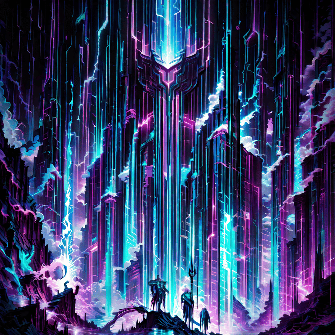AI generated wallpaper featuring city, figures, structures