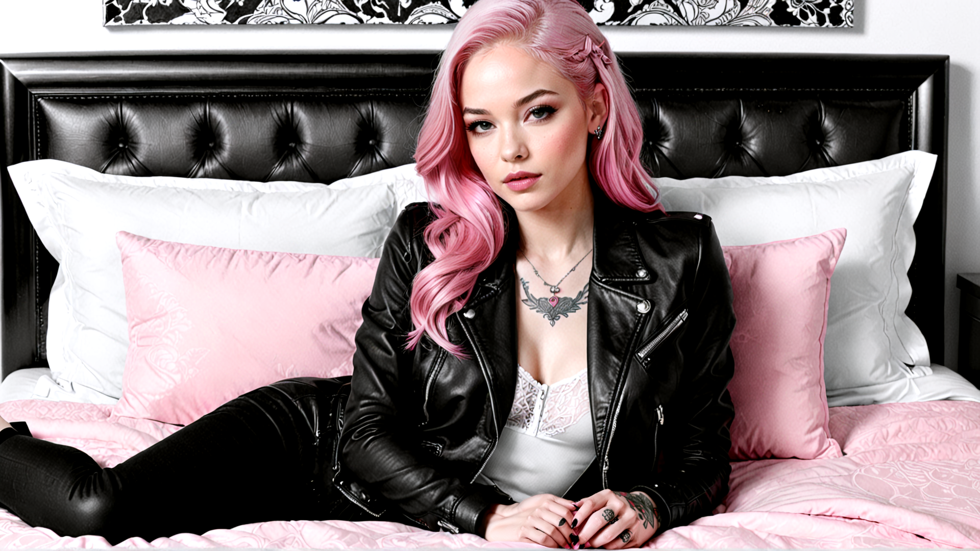 AI generated wallpaper featuring woman, bed, pink hair, leather jacket, tattoo, pillow, bedding, necklace, earring, black leather pants