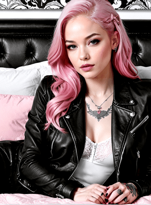 woman, bed, pink hair, leather jacket, tattoo, pillow, bedding, necklace, earring, black leather pants