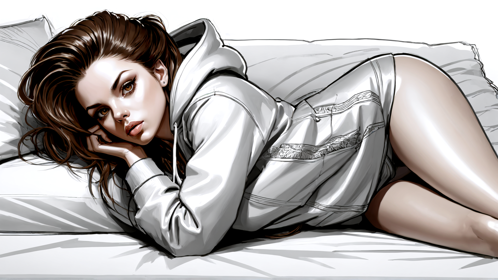 AI generated wallpaper featuring woman, hoodie, bed, pillow, hair