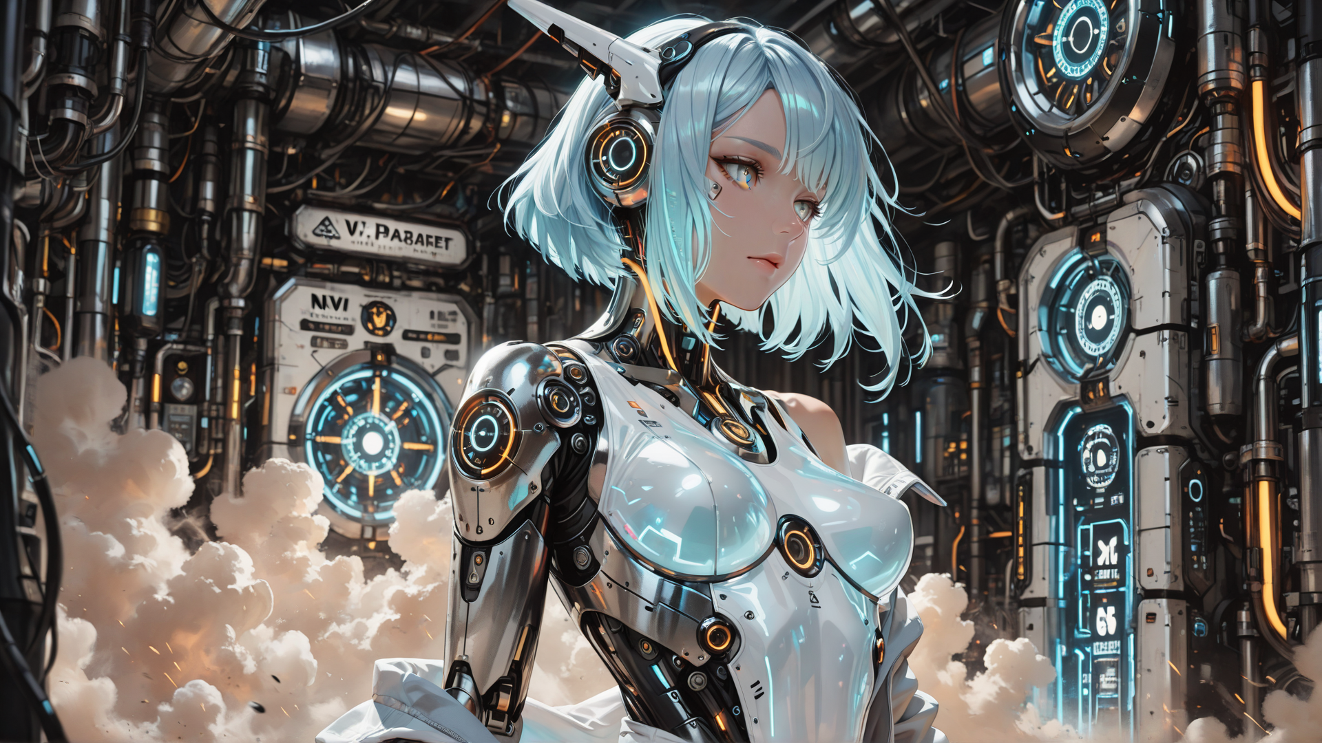 AI generated wallpaper featuring cyborg, robot, mechanical, female, cyberpunk, ai, anime, character, glowing, sleek