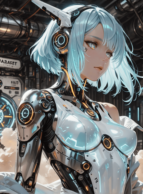 cyborg, robot, mechanical, female, cyberpunk, ai, anime, character, glowing, sleek