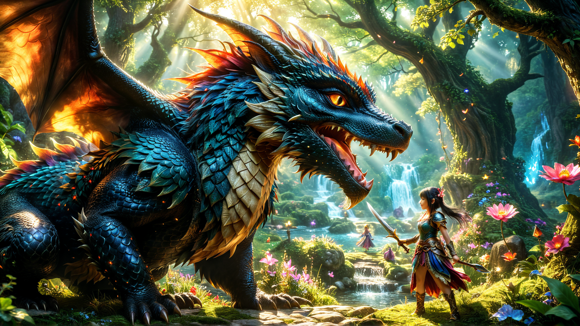 AI generated wallpaper featuring dragon, female warrior, forest, fairy, waterfall, flowers, trees, sunlight, sword, path