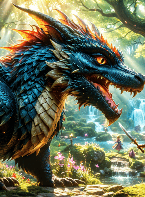 dragon, female warrior, forest, fairy, waterfall, flowers, trees, sunlight, sword, path