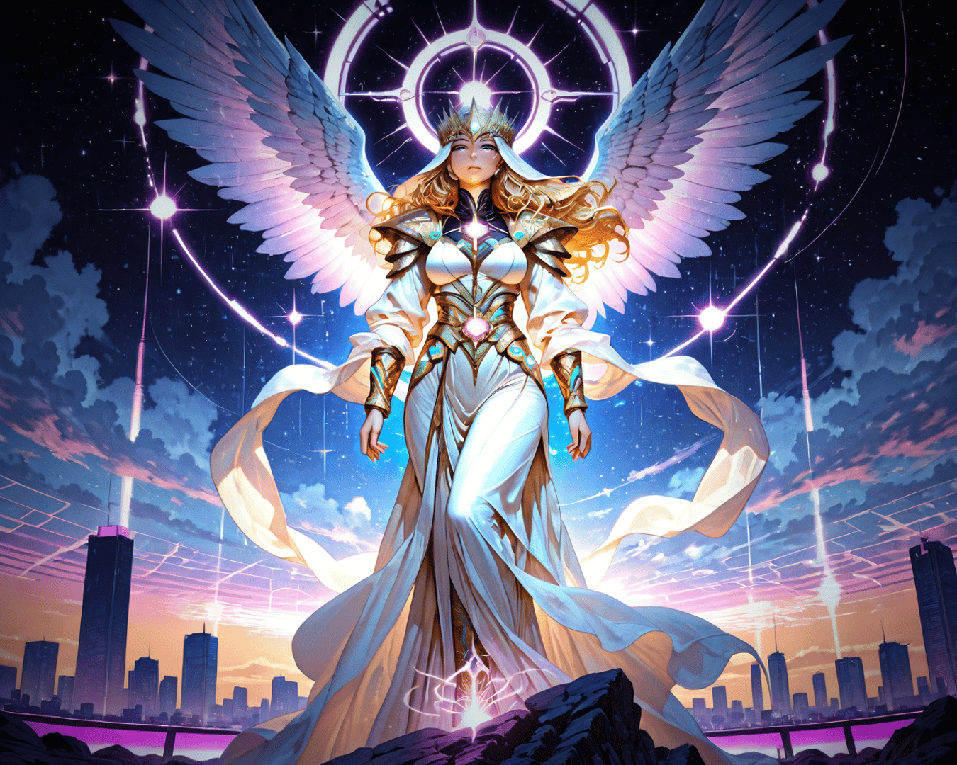 AI generated wallpaper featuring angel, woman, city