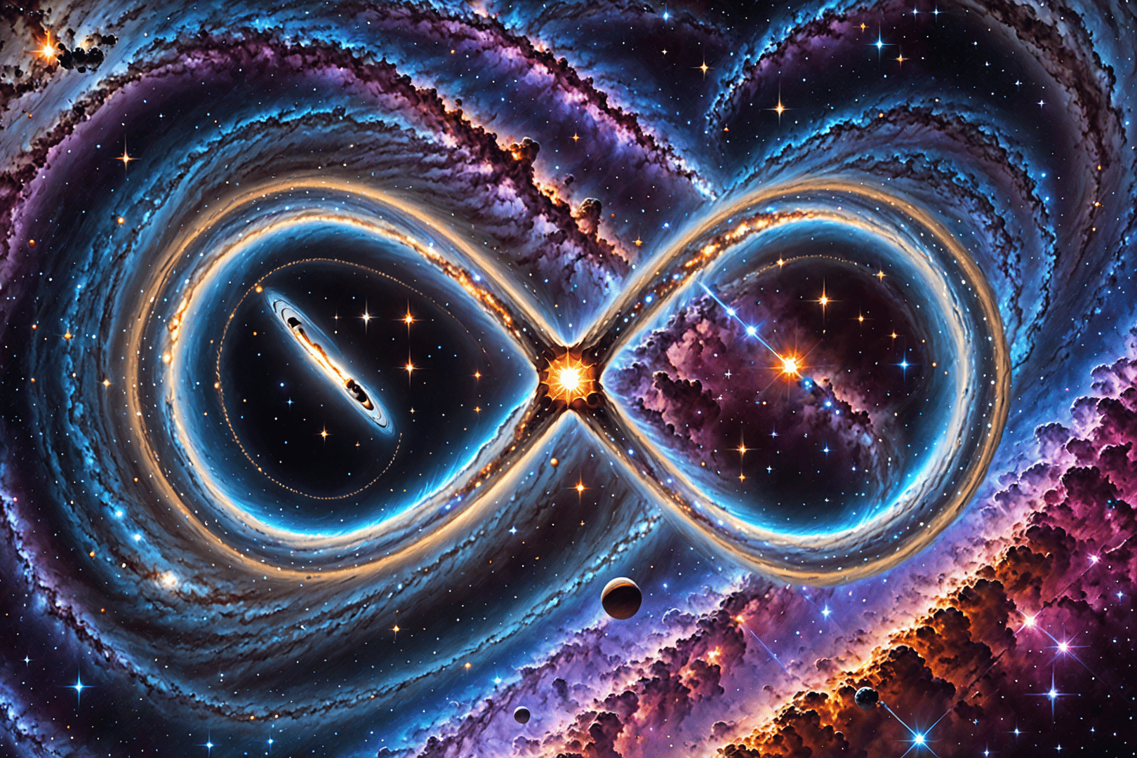 AI generated wallpaper featuring infinity symbol, galaxy, planet