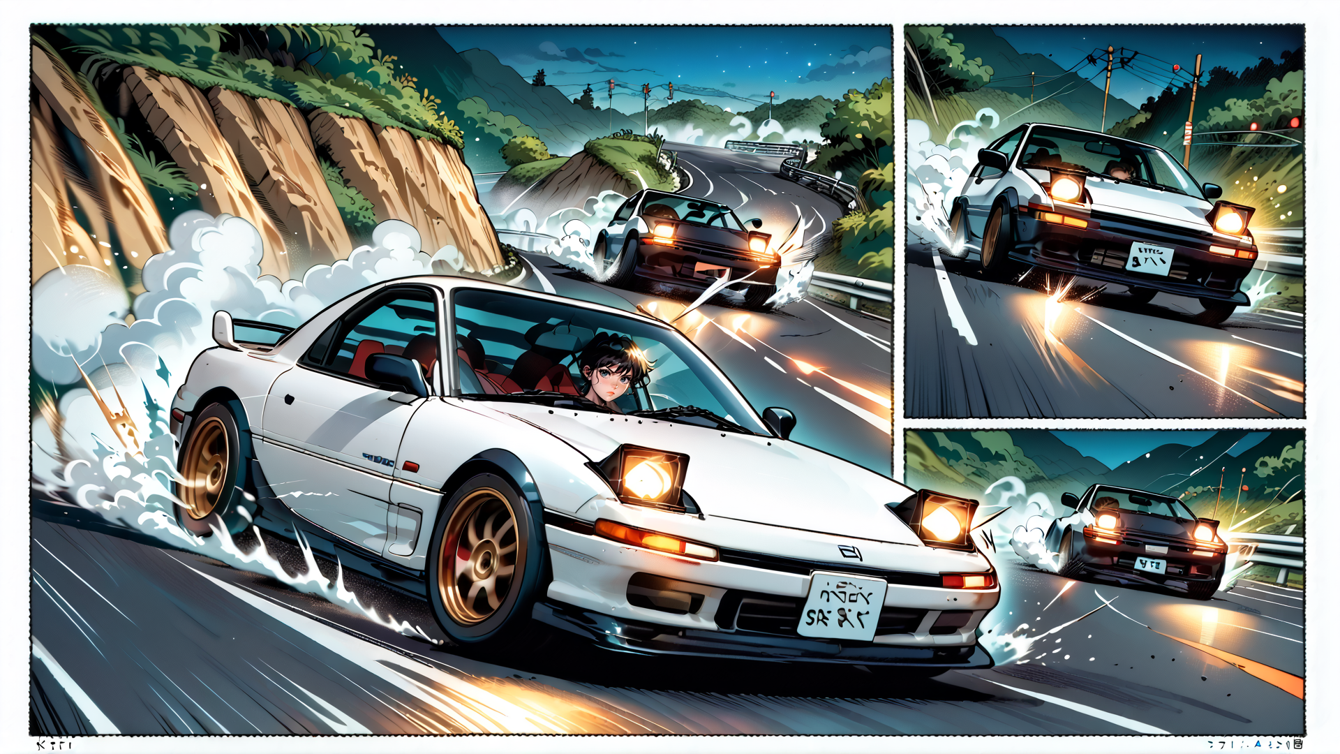 AI generated wallpaper featuring car, road, driving, nissan, race, speed, mountain, cloud, light, sunset