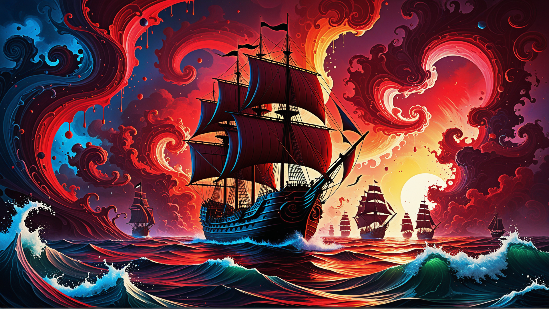 AI generated wallpaper featuring ship, sail, ocean, wave, sun, sky, cloud, sailboat, hull