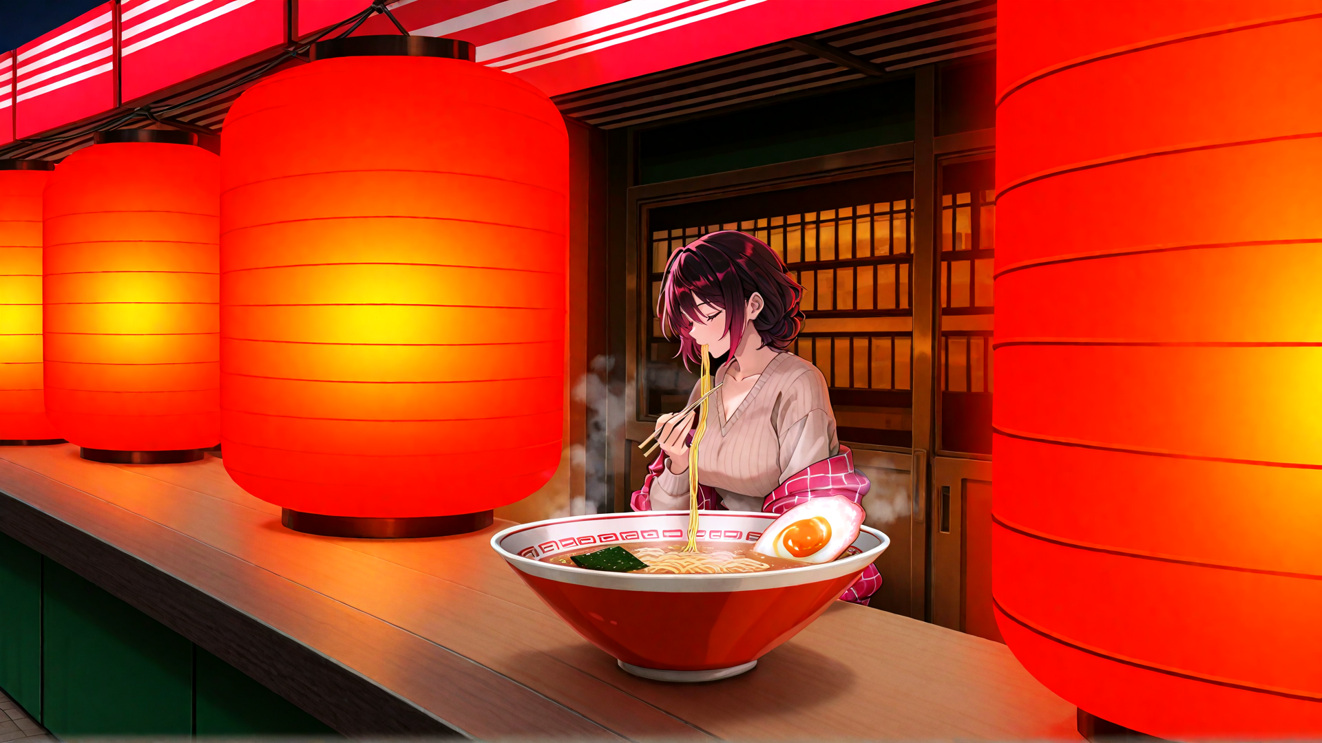 AI generated wallpaper featuring girl, ramen, lantern, noodle, egg, noodle, bowl, chopsticks, japanese, restaurant