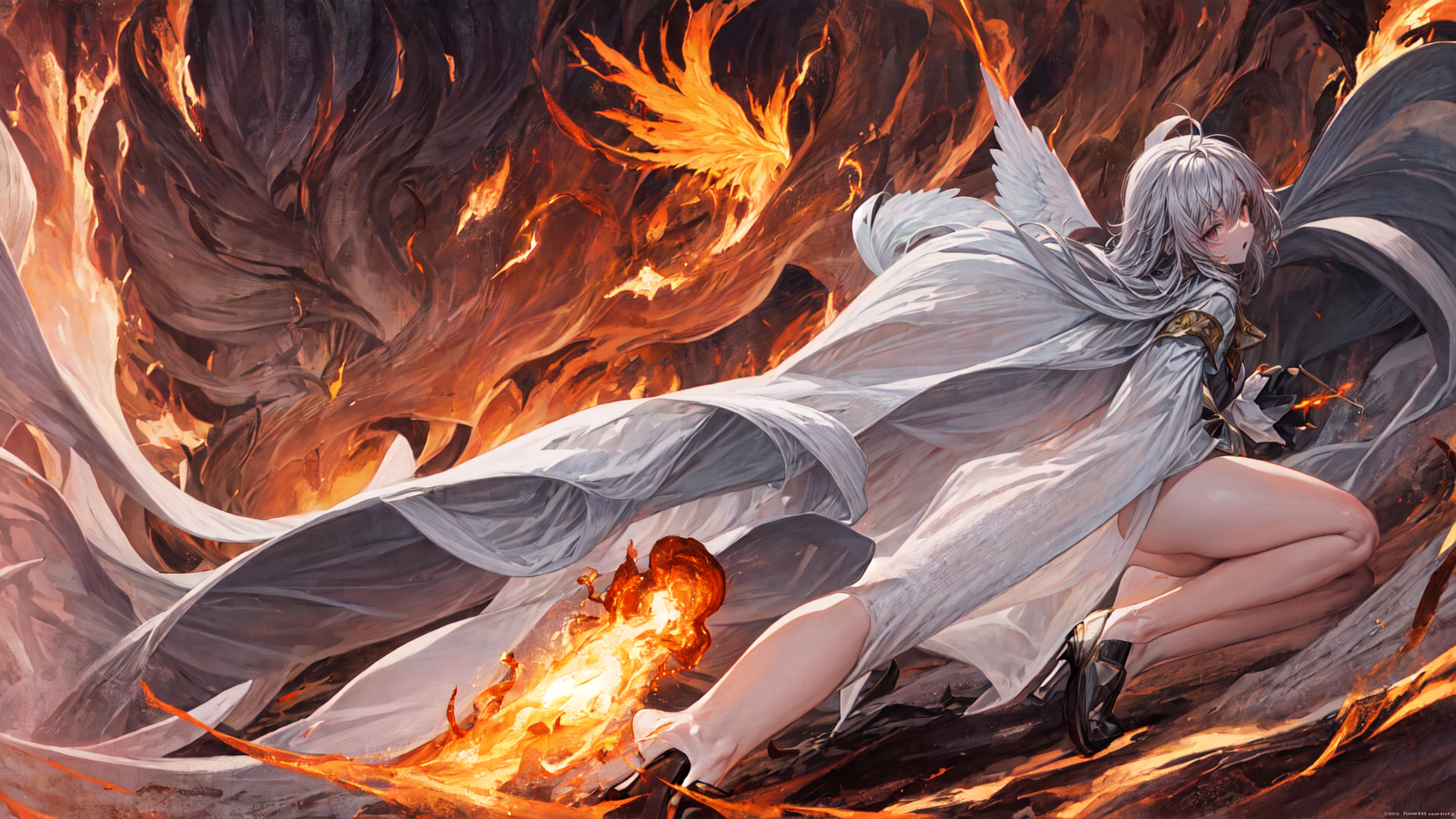 AI generated wallpaper featuring angel, fire, figure