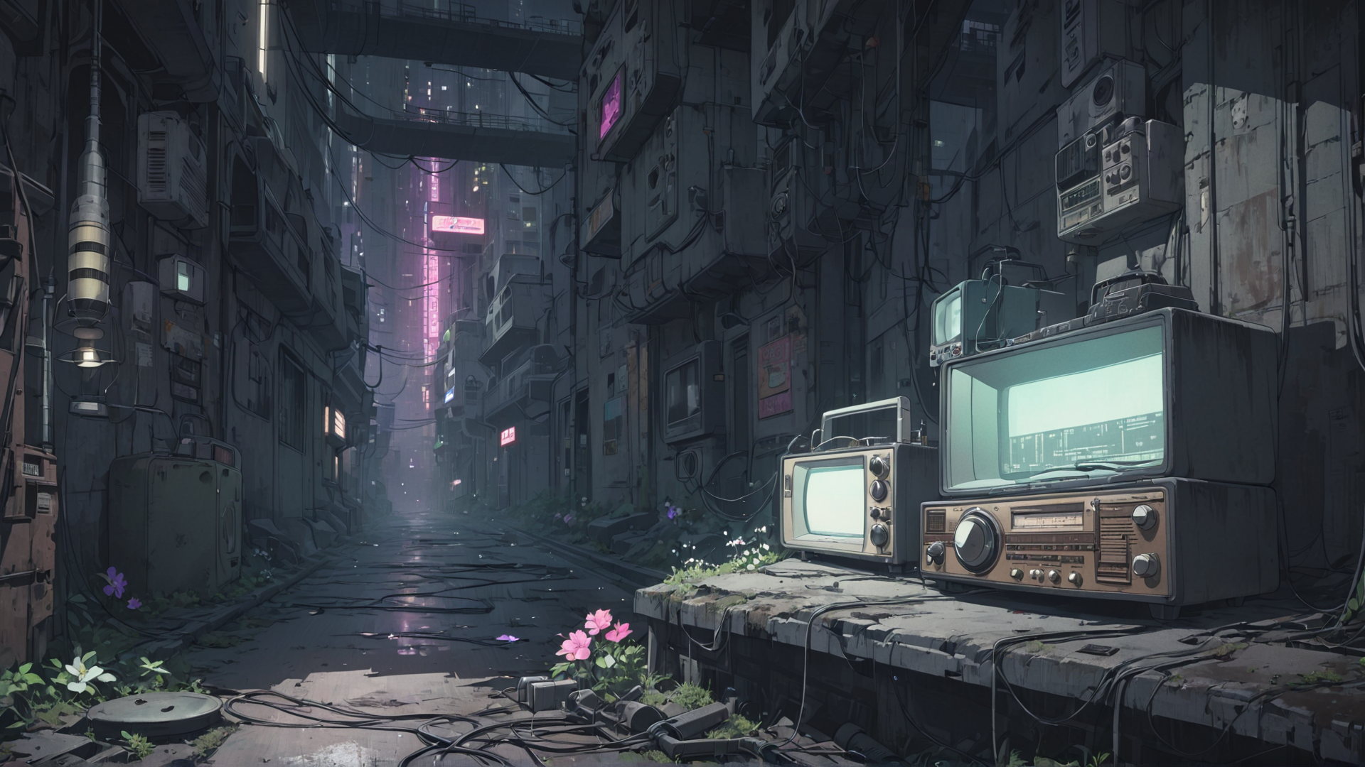 AI generated wallpaper featuring television, city alley, vintage electronics