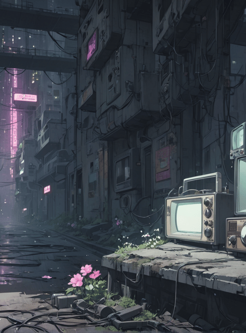 television, city alley, vintage electronics