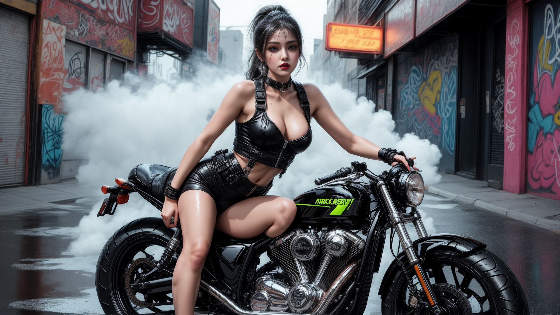 AI generated wallpaper featuring woman, motorcycle, graffiti