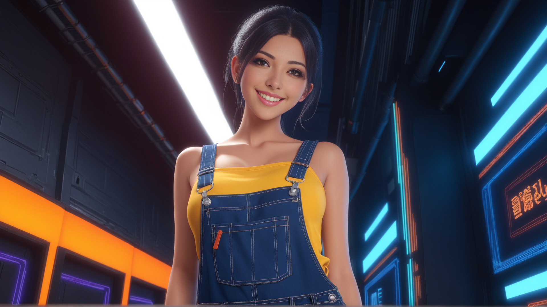 AI generated wallpaper featuring woman, overalls, neon