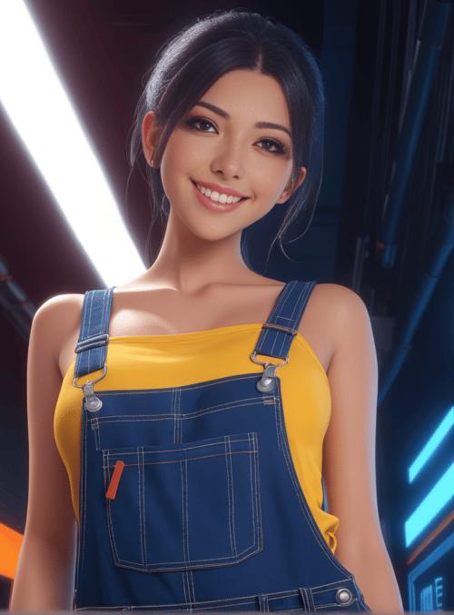 woman, overalls, neon