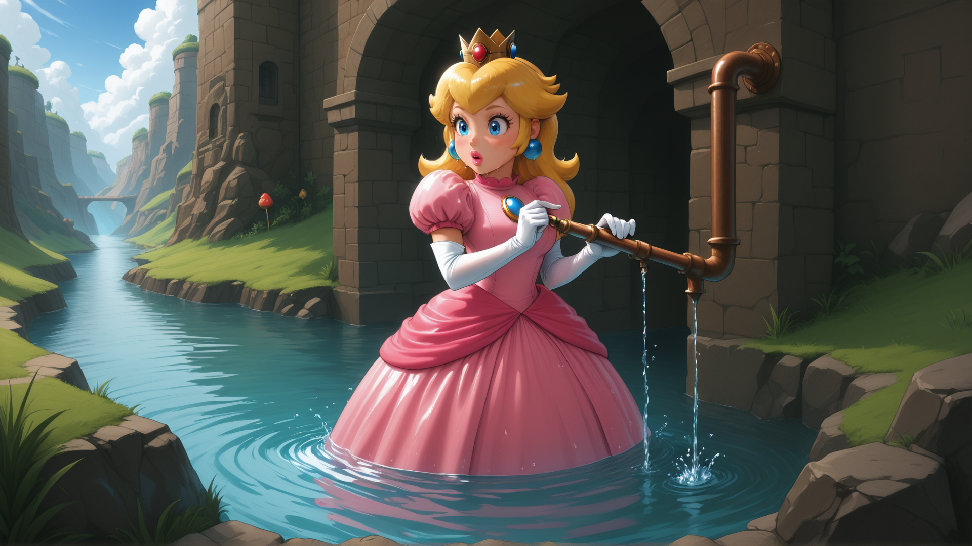 AI generated wallpaper featuring princess, water, pipe, castle, river, dress, crown, earrings, gloves, waterfall