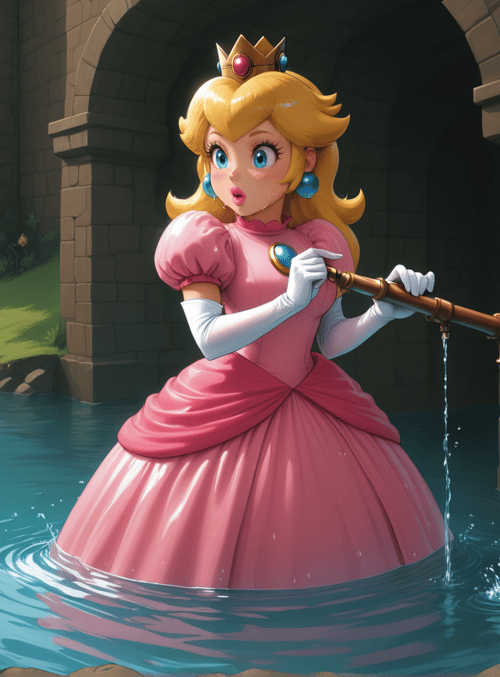princess, water, pipe, castle, river, dress, crown, earrings, gloves, waterfall