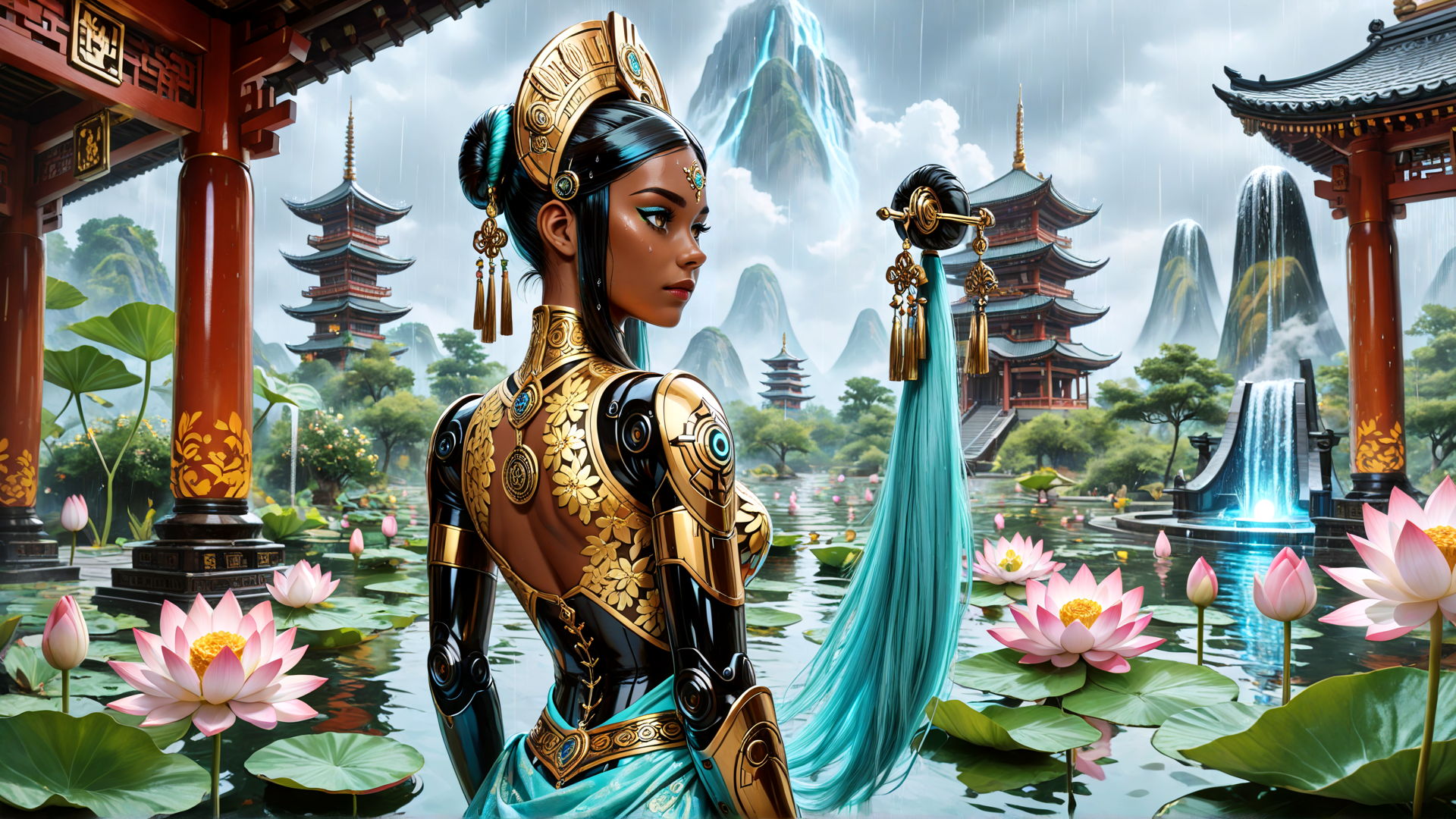 AI generated wallpaper featuring woman, robot, lotus, pagoda, waterfall, mountain, lotus pond, chinese architecture, rain, dragon