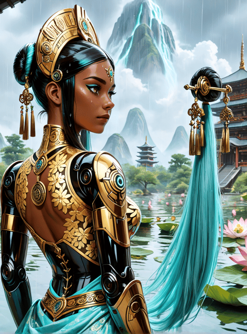 woman, robot, lotus, pagoda, waterfall, mountain, lotus pond, chinese architecture, rain, dragon