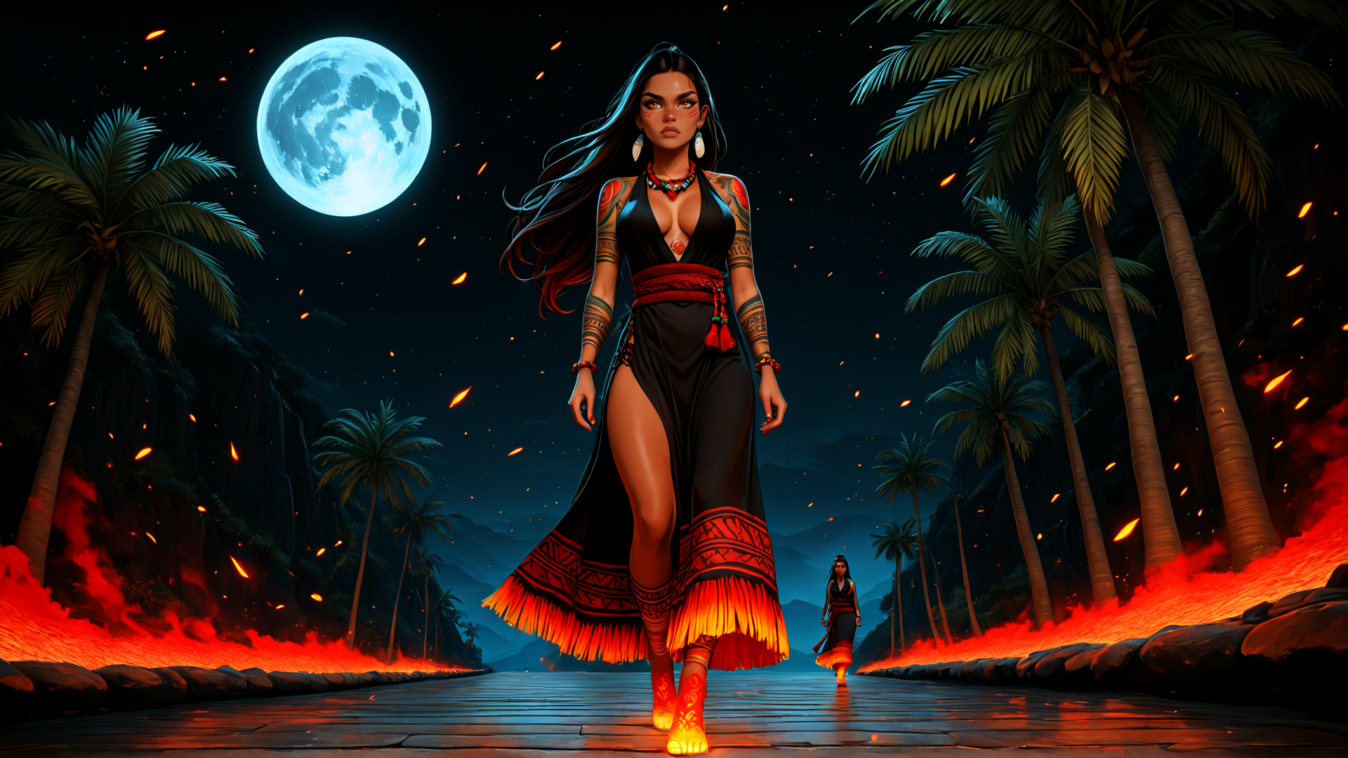 AI generated wallpaper featuring woman, palm tree, fire, moon, sand, dress, tattoo, footwear, pathway, figure