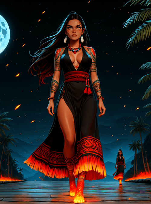 woman, palm tree, fire, moon, sand, dress, tattoo, footwear, pathway, figure