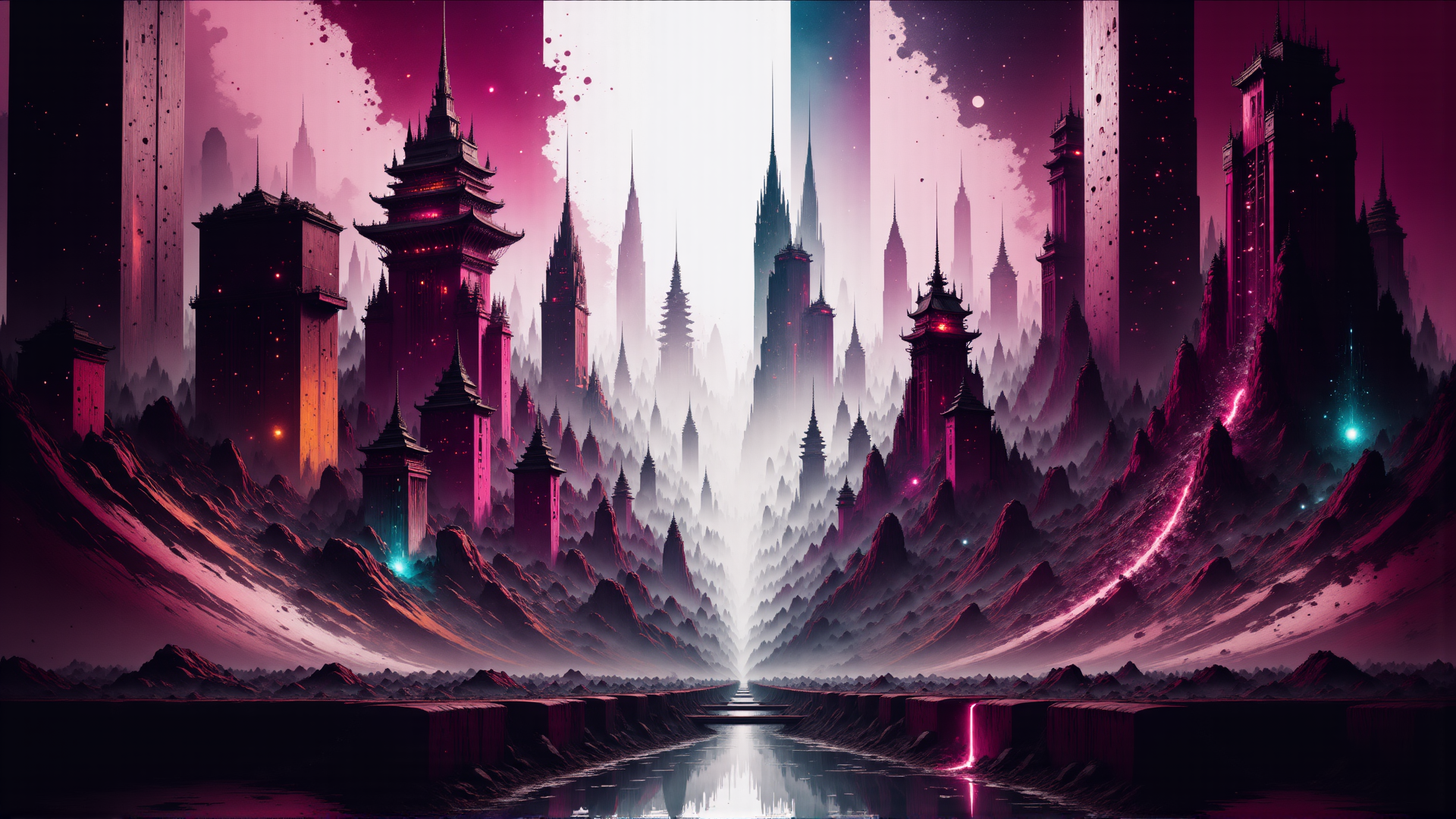 AI generated wallpaper featuring city, tower, mountain, river, sky, building, structure, landscape, path, light