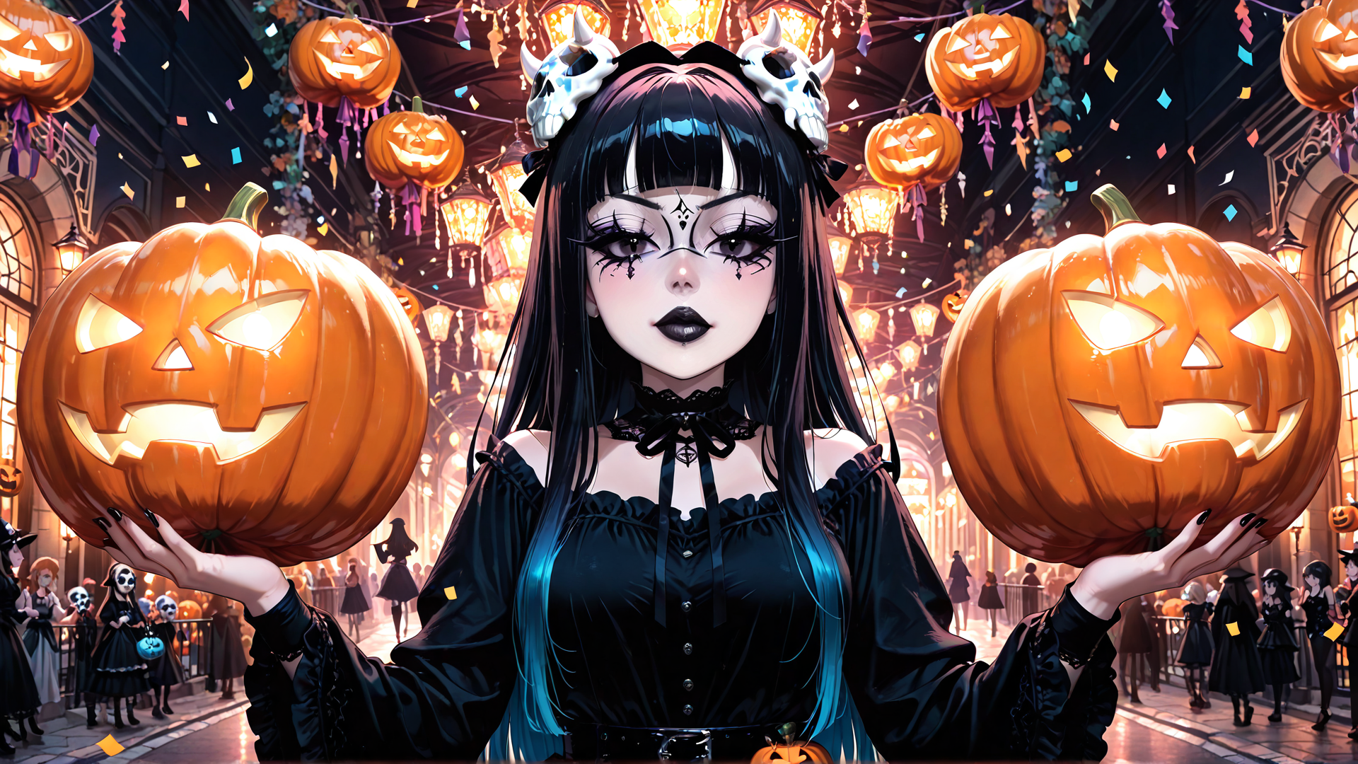AI generated wallpaper featuring pumpkin, woman, skeleton, lantern, confetti, costume, halloween, crowd, lanterns, carnival