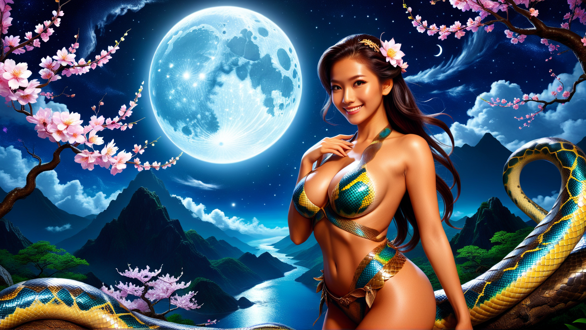 AI generated wallpaper featuring woman, snake, cherry blossom, moon, mountain