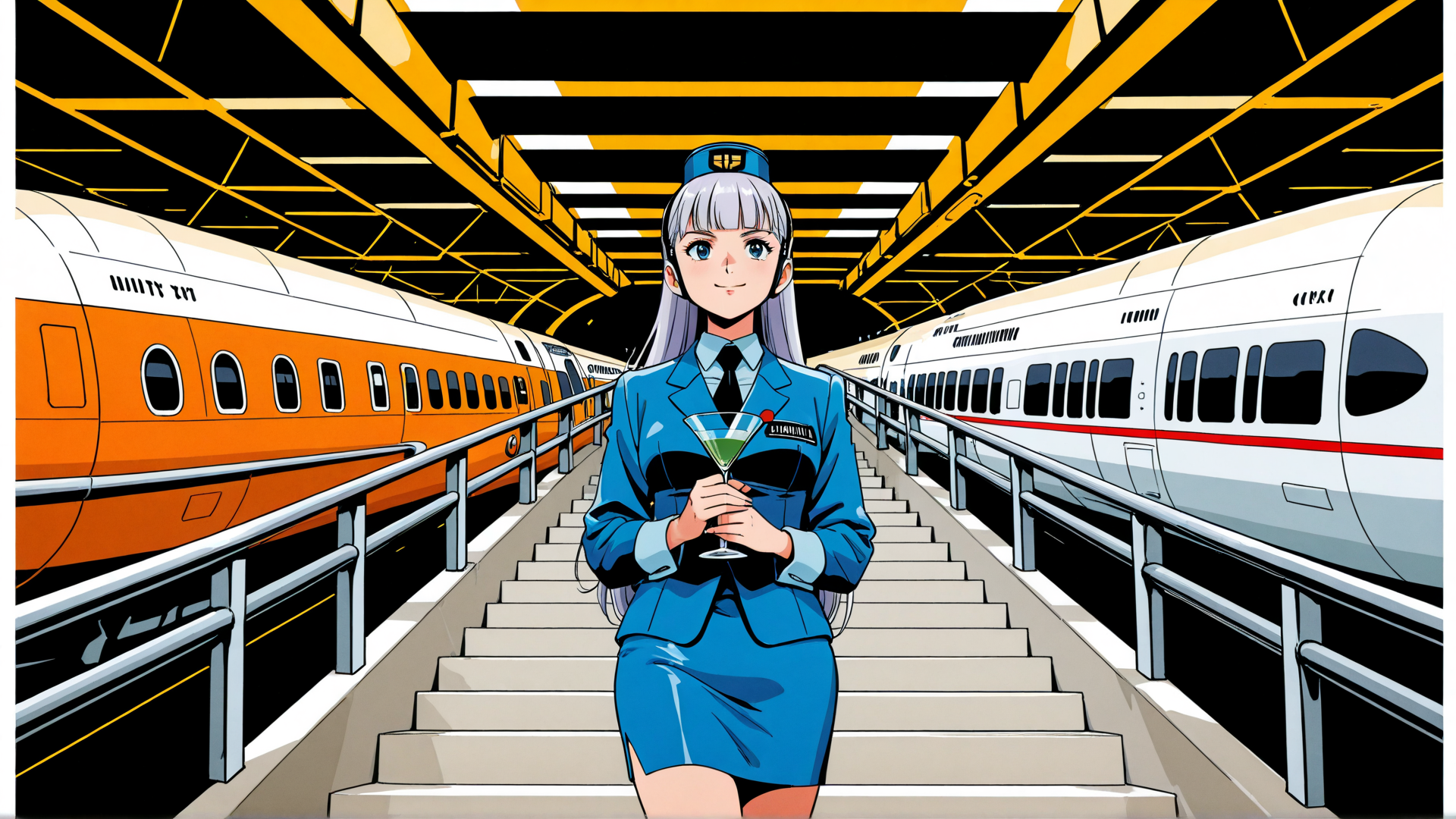 AI generated wallpaper featuring anime girl, train, station, cocktail