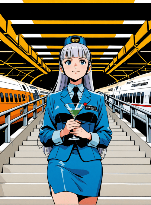 anime girl, train, station, cocktail