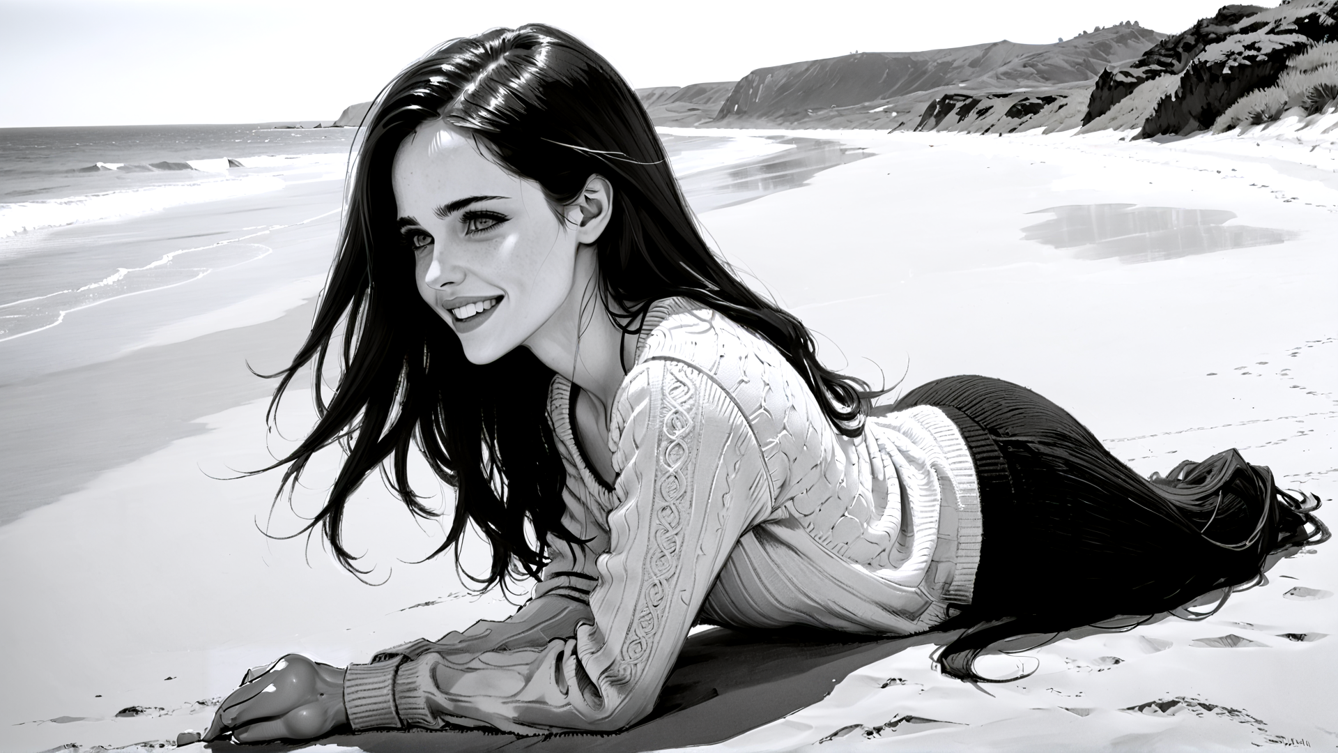 AI generated wallpaper featuring woman, beach, sweater, sand, ocean, hair, cliffs