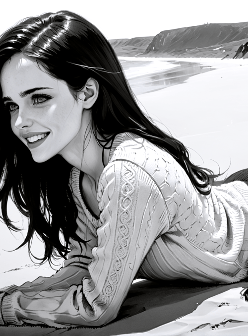woman, beach, sweater, sand, ocean, hair, cliffs