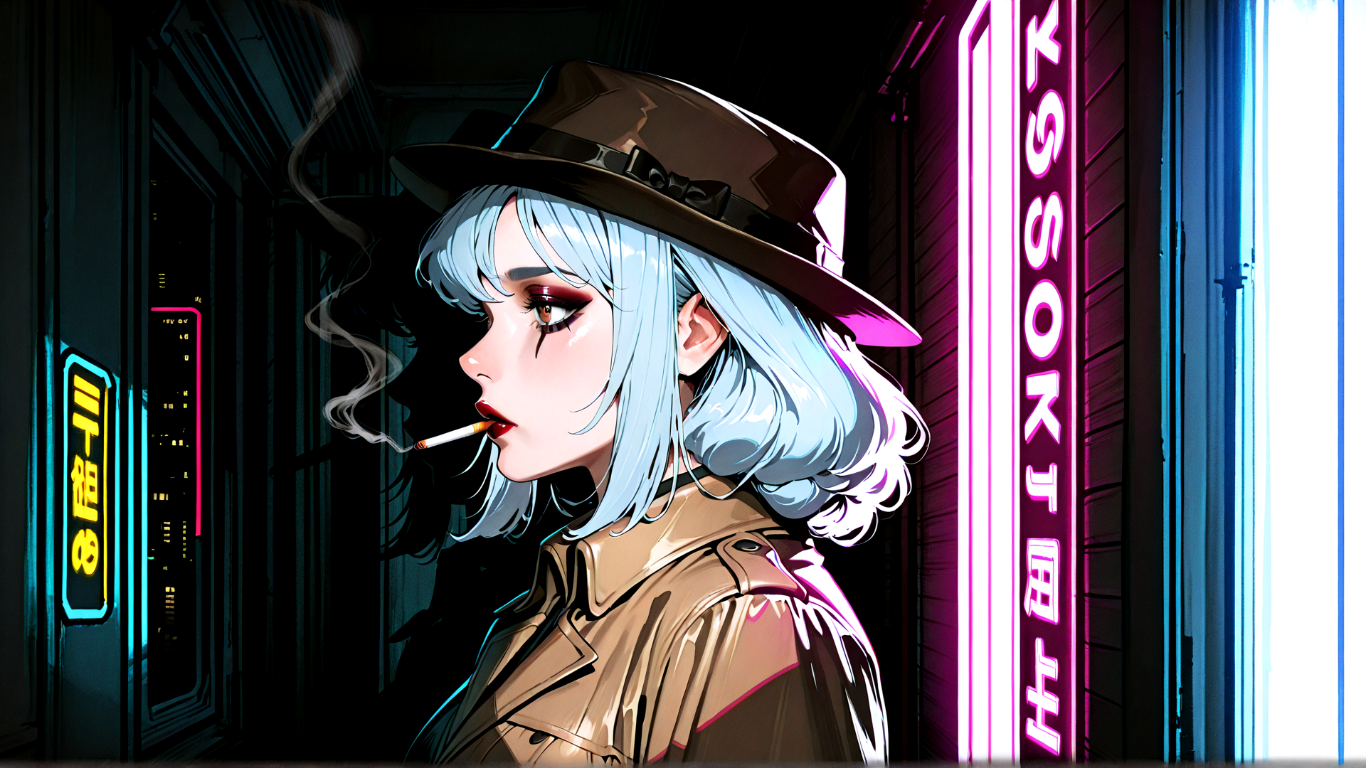 AI generated wallpaper featuring woman, neon, hat, cigarette, jacket, cityscape, neon sign, blonde hair, urban, cyberpunk