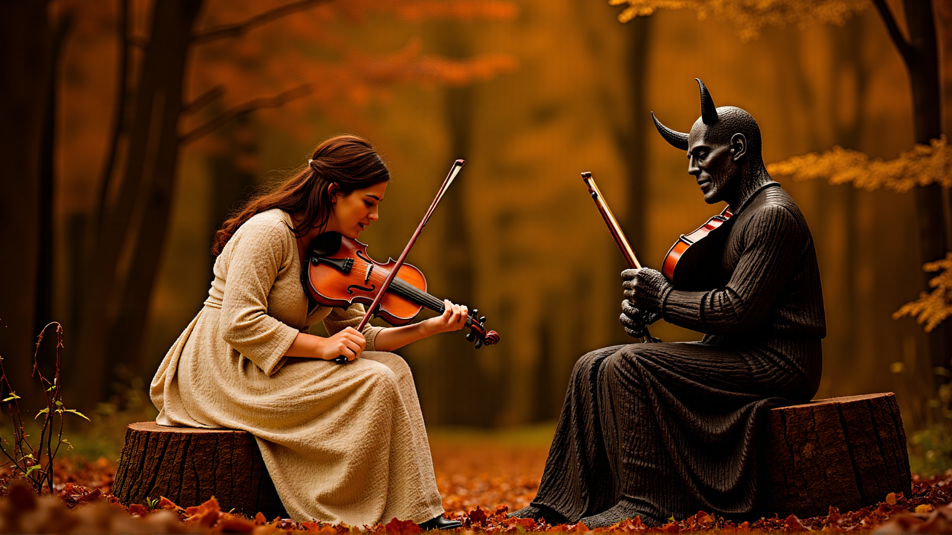 AI generated wallpaper featuring woman, violin, devil, tree stump, forest, violinist