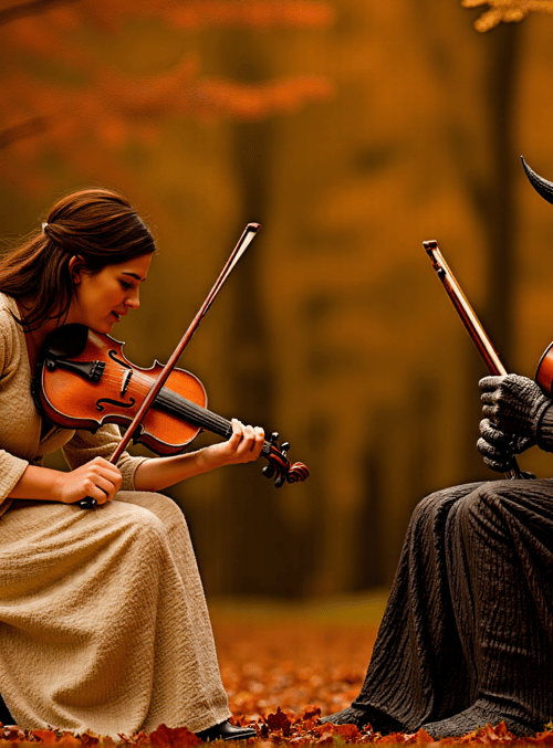 woman, violin, devil, tree stump, forest, violinist