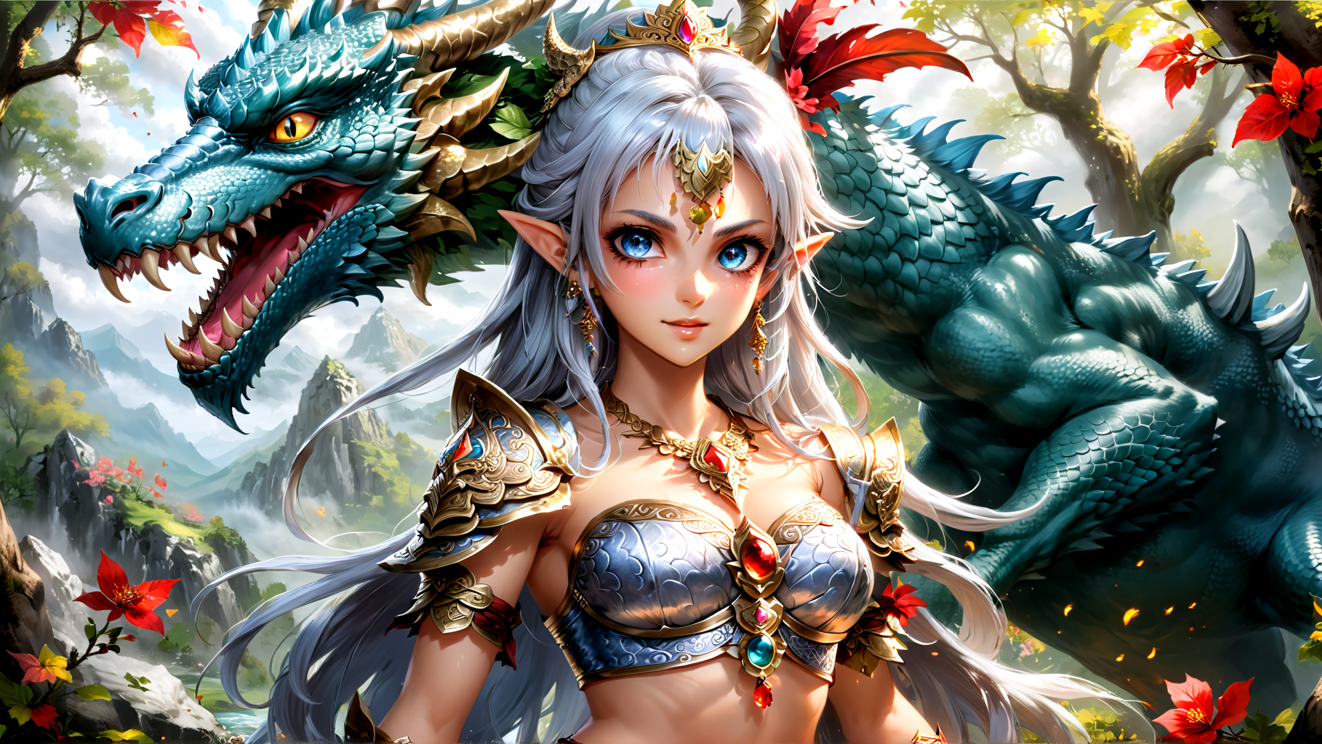 AI generated wallpaper featuring elf, dragon, woman, armor, nature, fairy, goddess, mountain, flower, tree