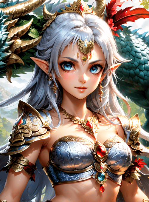 elf, dragon, woman, armor, nature, fairy, goddess, mountain, flower, tree